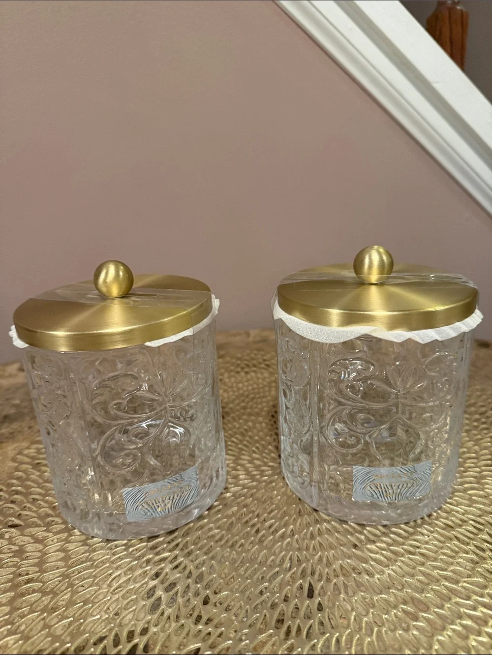 Opulent Collection Embossed Glass Bath Storage Jars, Set of 2